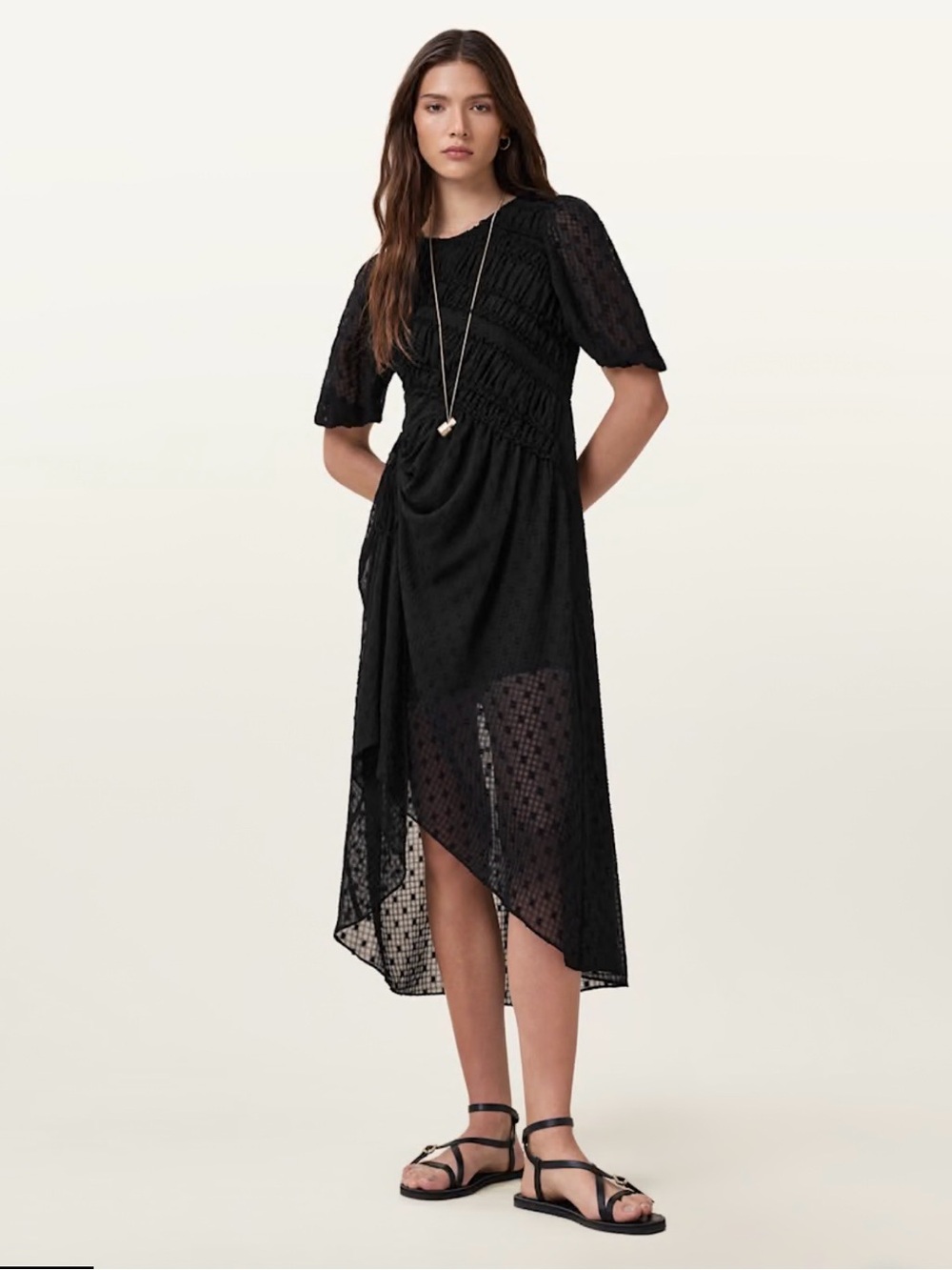 AllSaints Serene Black Midi Dress US 6